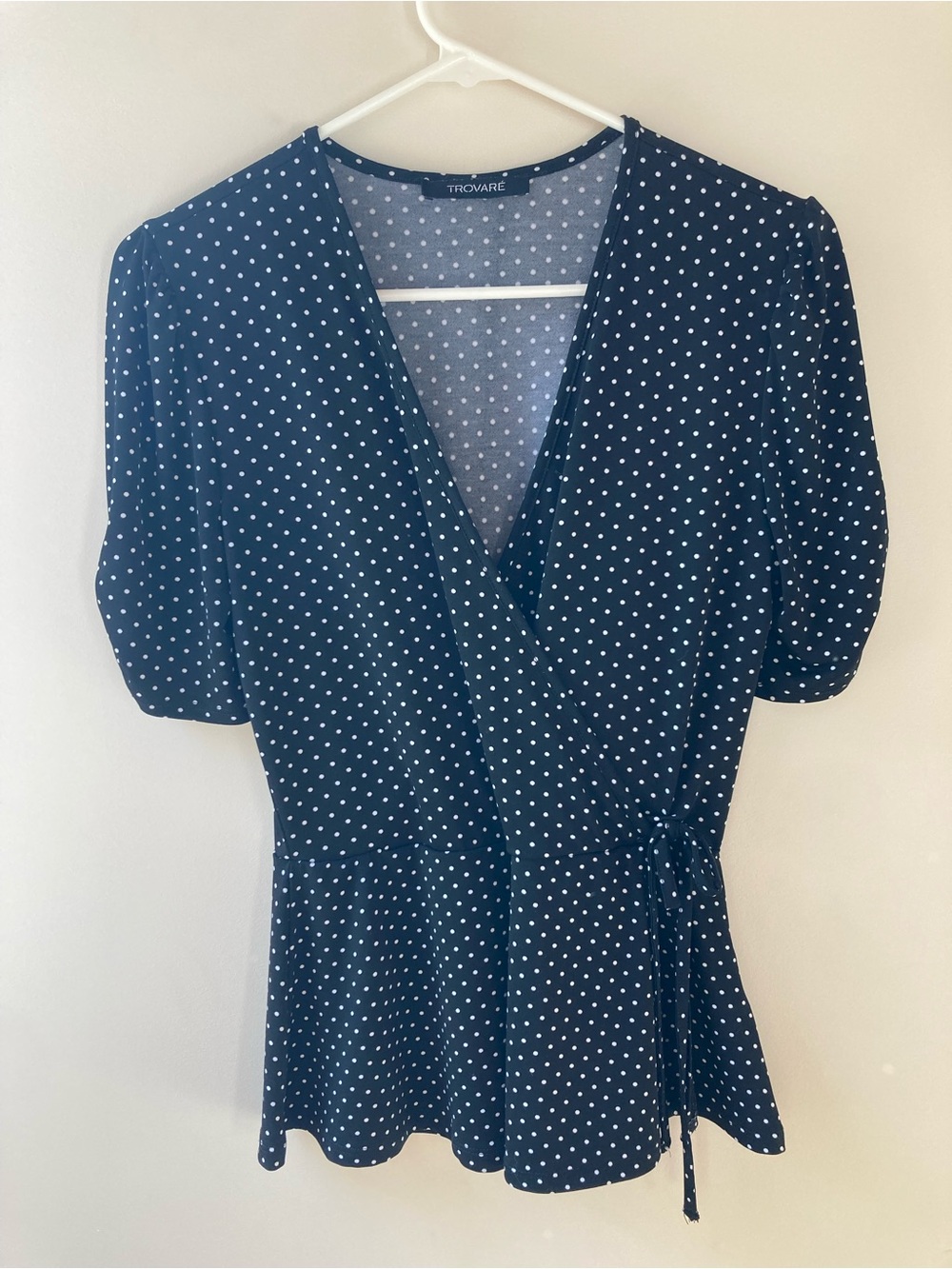 Suzy Shier Black Polka Dot Blouse with Bubble Sleeves Wrap Detail Office Work